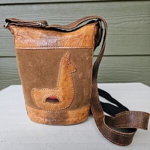 Vintage Peruvian Small Leather Llama Alpaca Brown Crossbody Bag Purse Pouch Peru